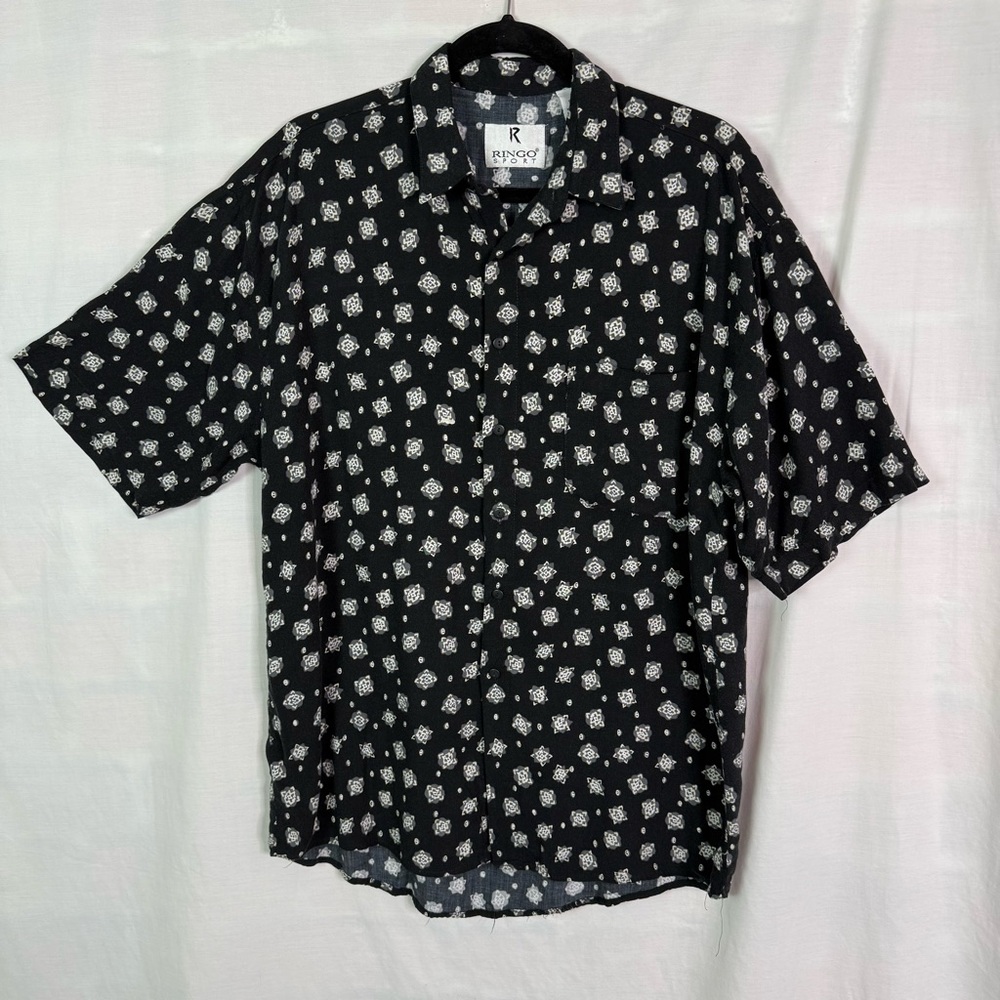 Ringo Sport Vintage Black Short-Sleeve Button-Up White Geometric Print Lg